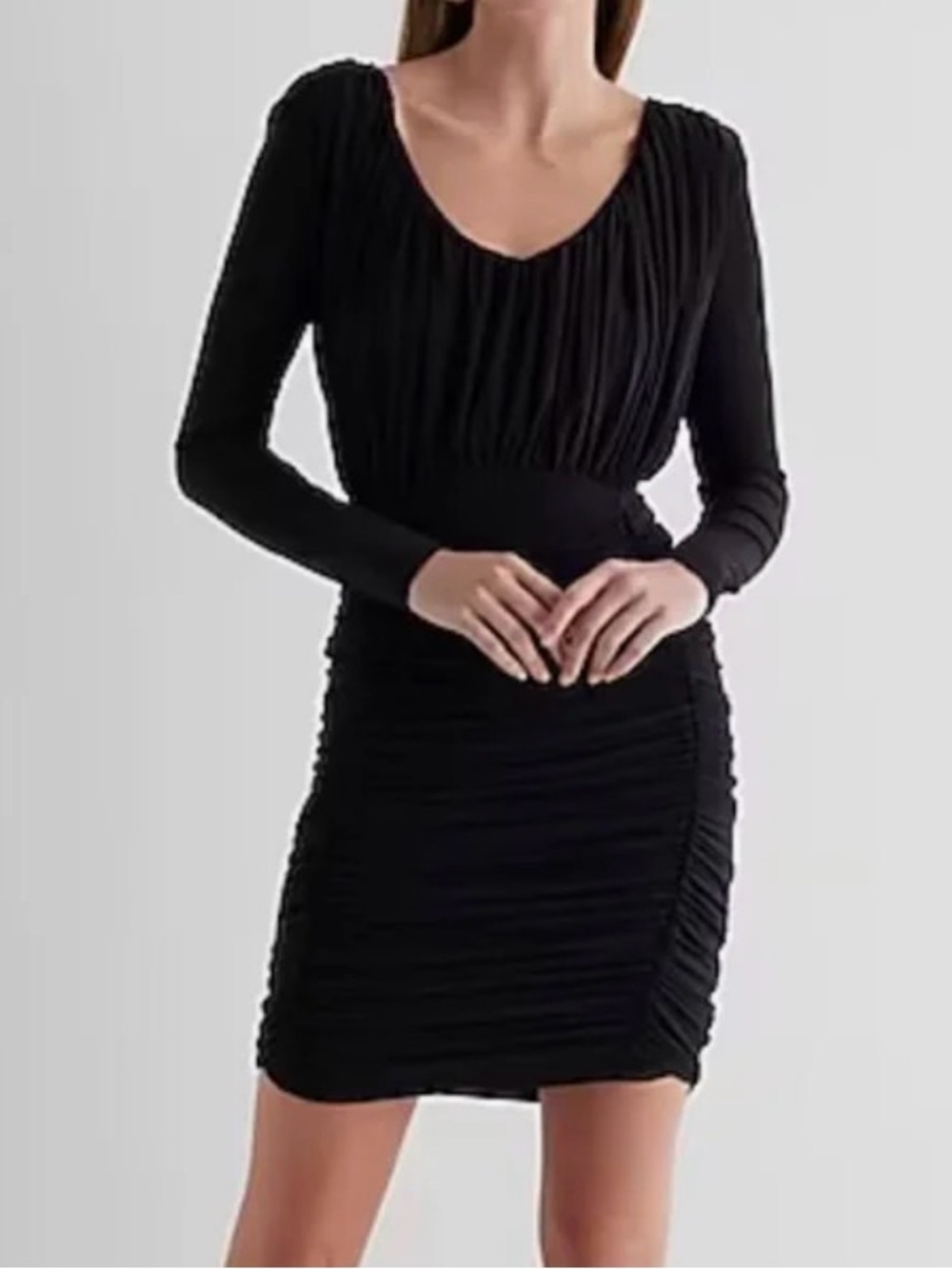 Express Black Long-Sleeve Ruched Draped Dress